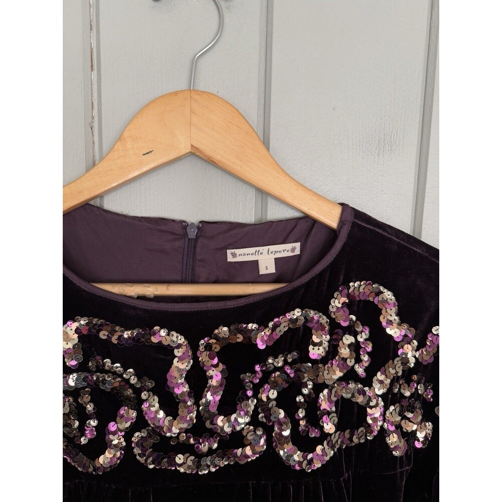 Vtg Nanette Lepore Purple Silk Rayon Velvet Evening Dress S Small Sequins Y2K - Picture 4 of 7